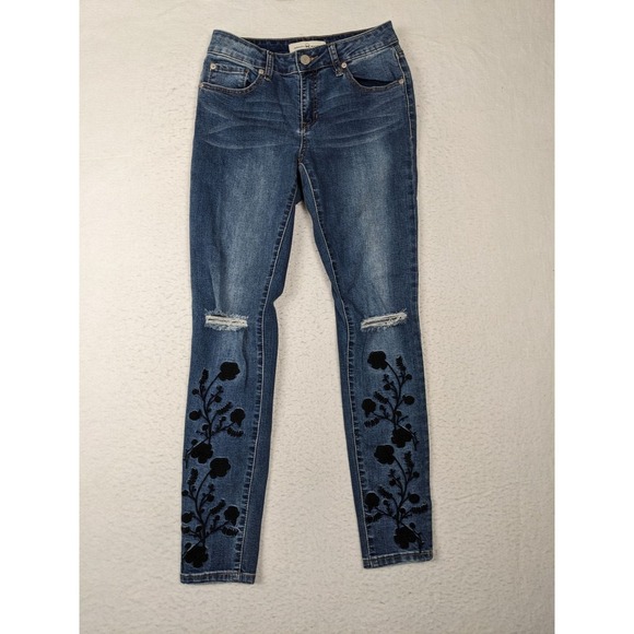 Ashley Mason Denim - Ashley Mason Womens Size 7‎ Blue Skinny Jeans Floral Embroidery Distressed